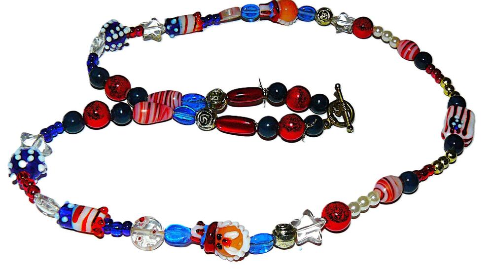 Vtg Red White Blue Glass Bead Necklace Patriotic Star Americana Handmade Jewelry